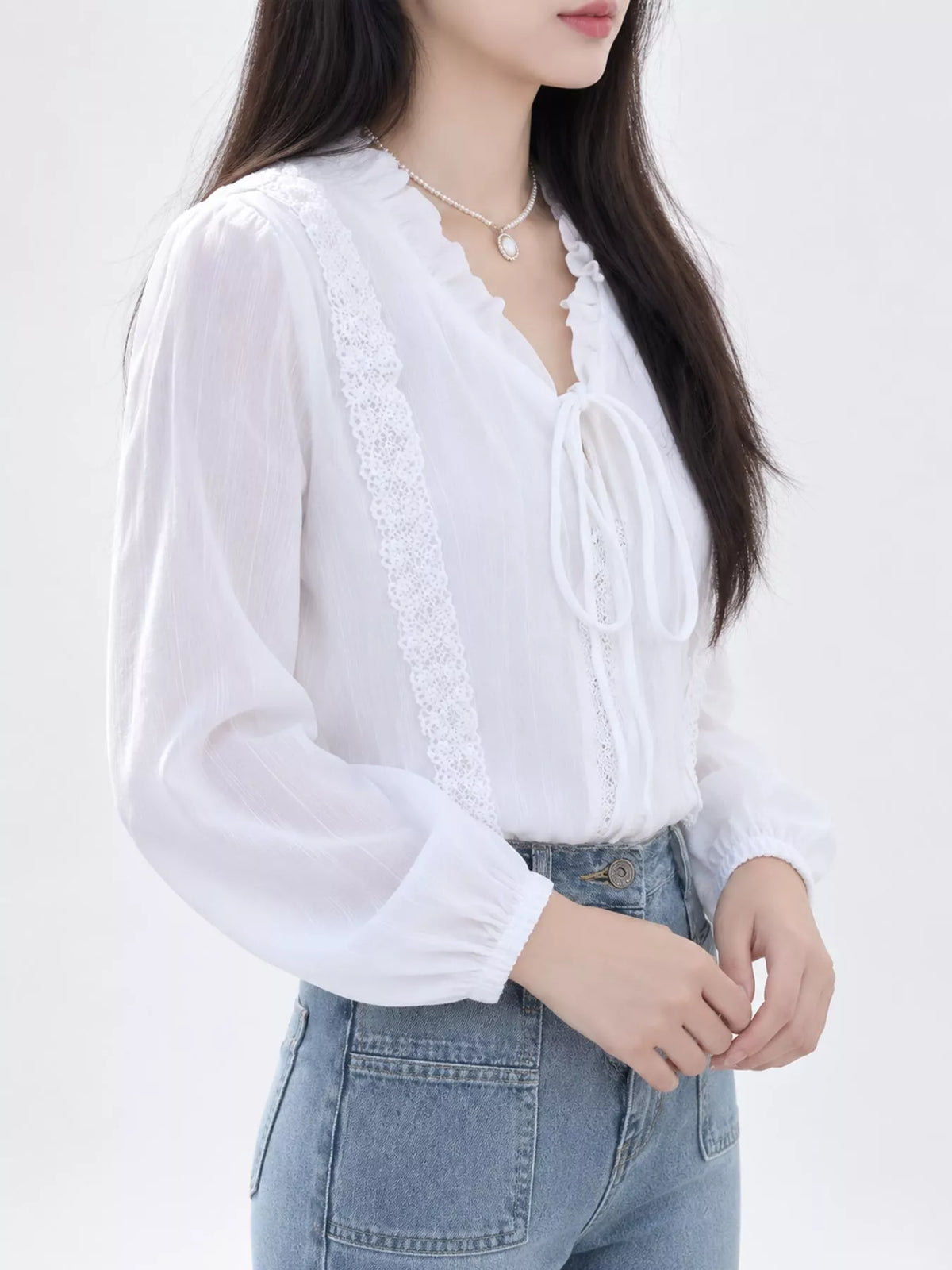 White - Lined lace-trimmed ruffle tie-neck blouse