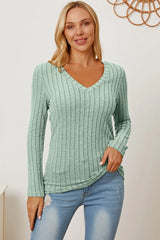 Trendsi Basic Bae Full Size Ribbed V-Neck Long Sleeve T-Shirt - Shirts
