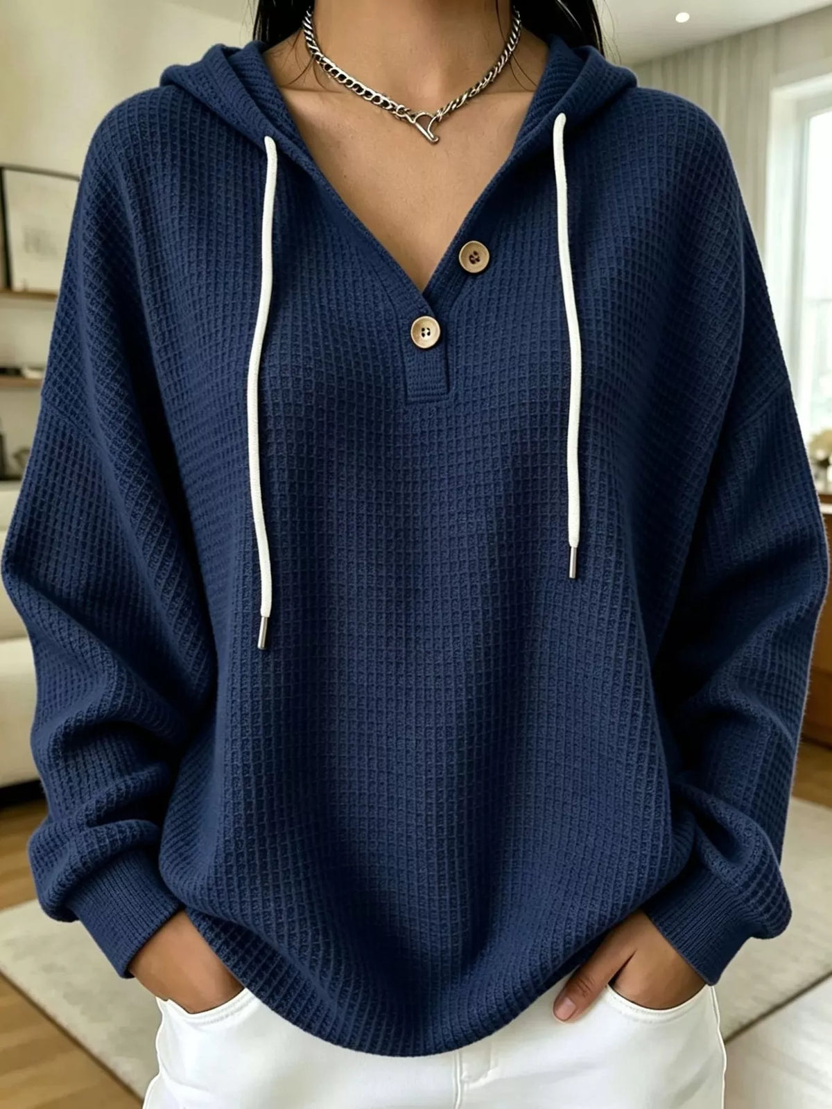 Waffle-knit hoodie, navy front