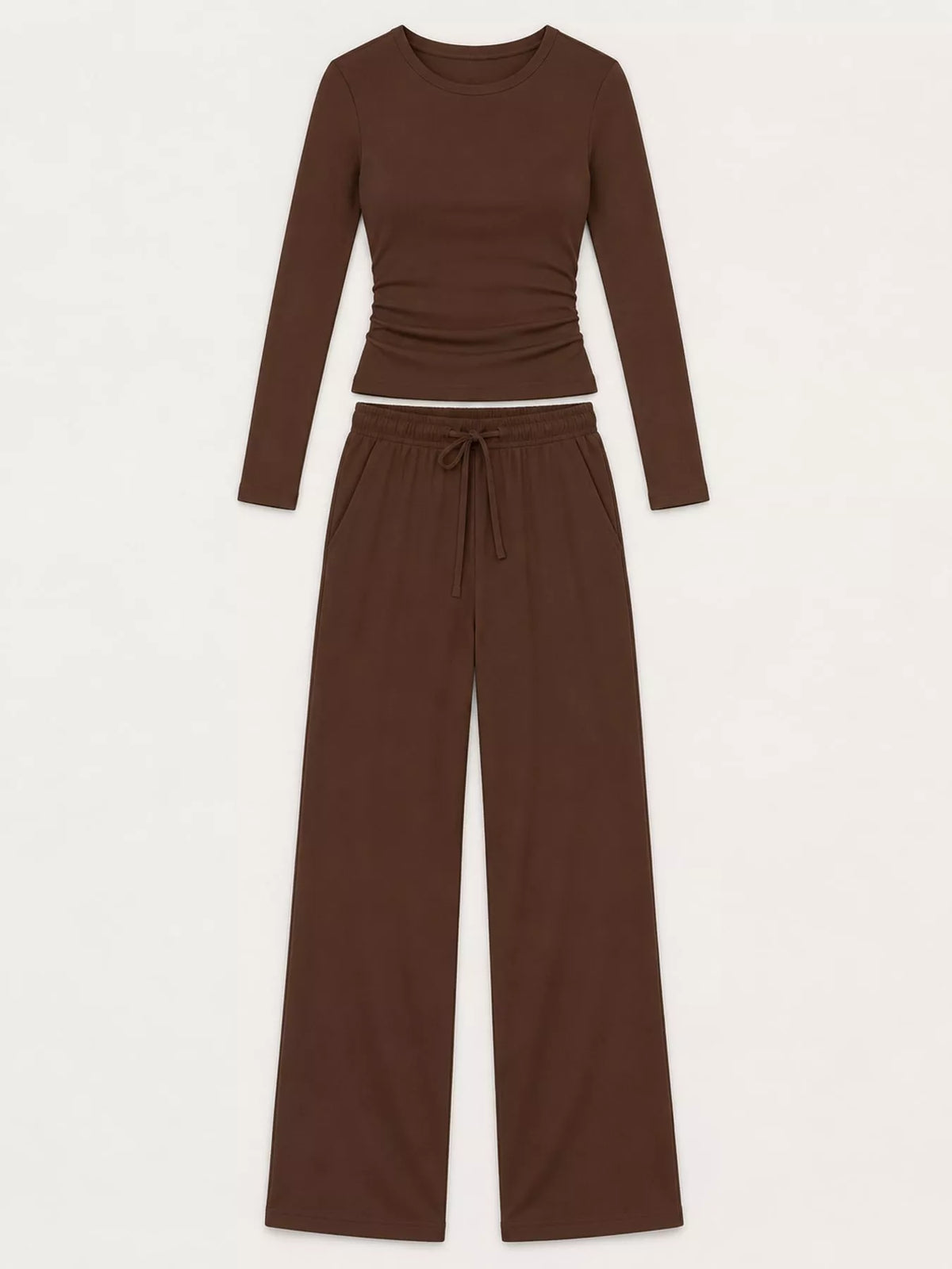 Long Sleeve Top and Wide-Leg Drawstring Pants Set — garment front