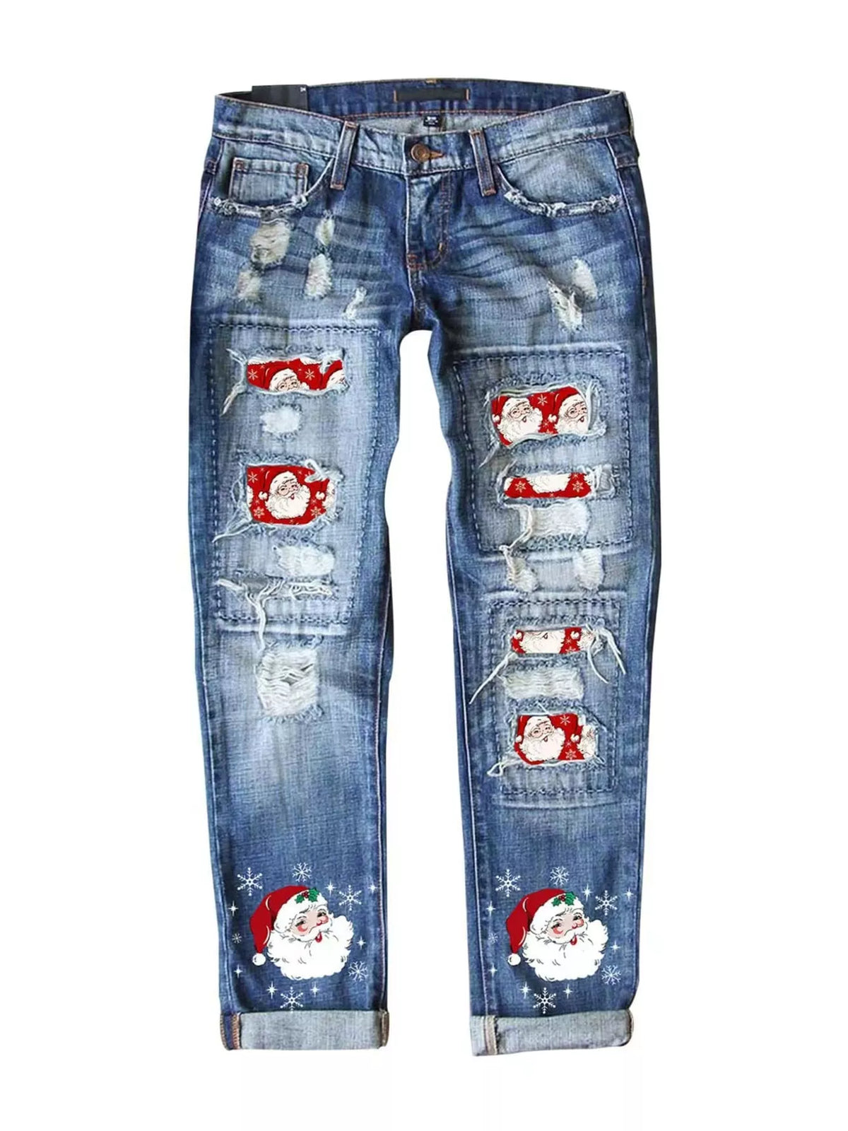 Blue distressed santa claus print jeans, front view