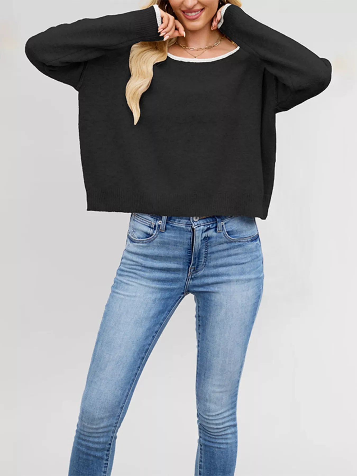 Trendsi Contrast Trim Dropped Shoulder Sweater -