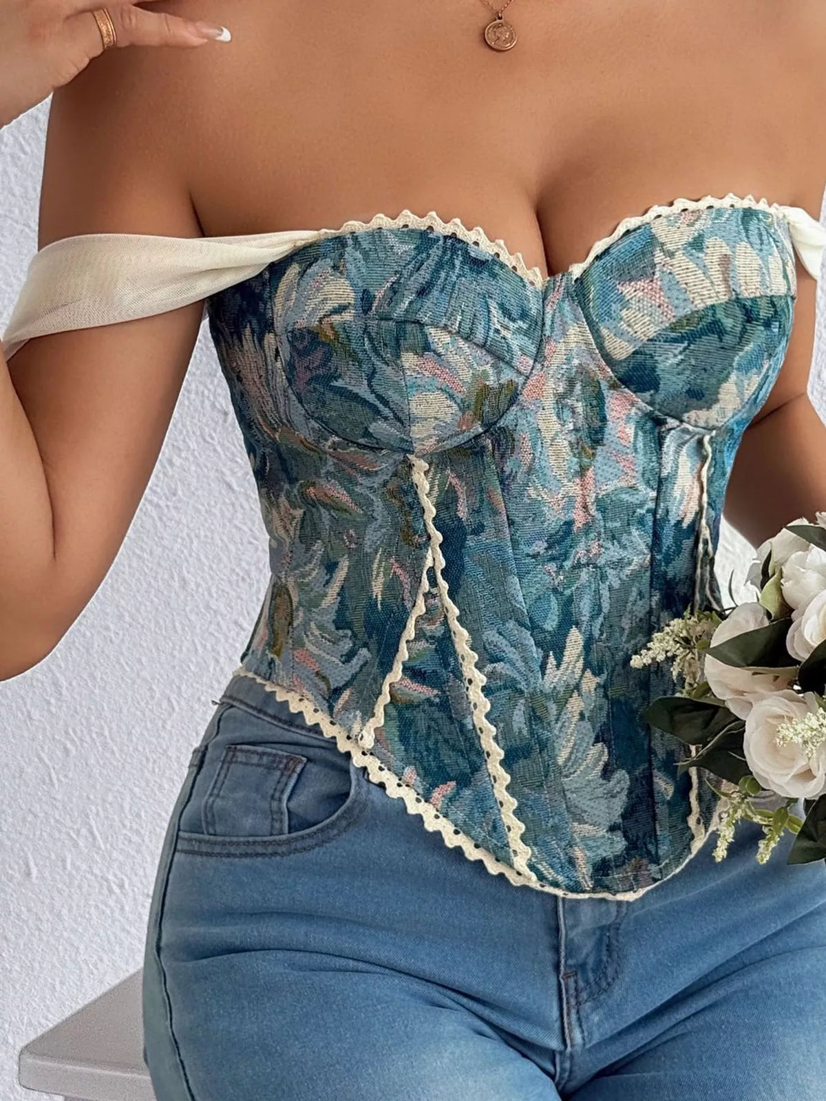 Peacock Blue lace up back printed cami