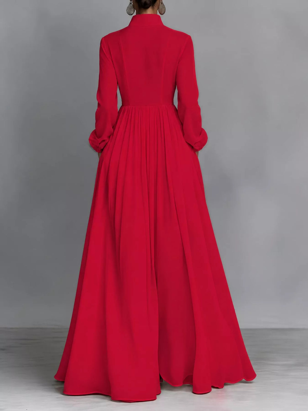 Red long sleeve button-front maxi dress, back view