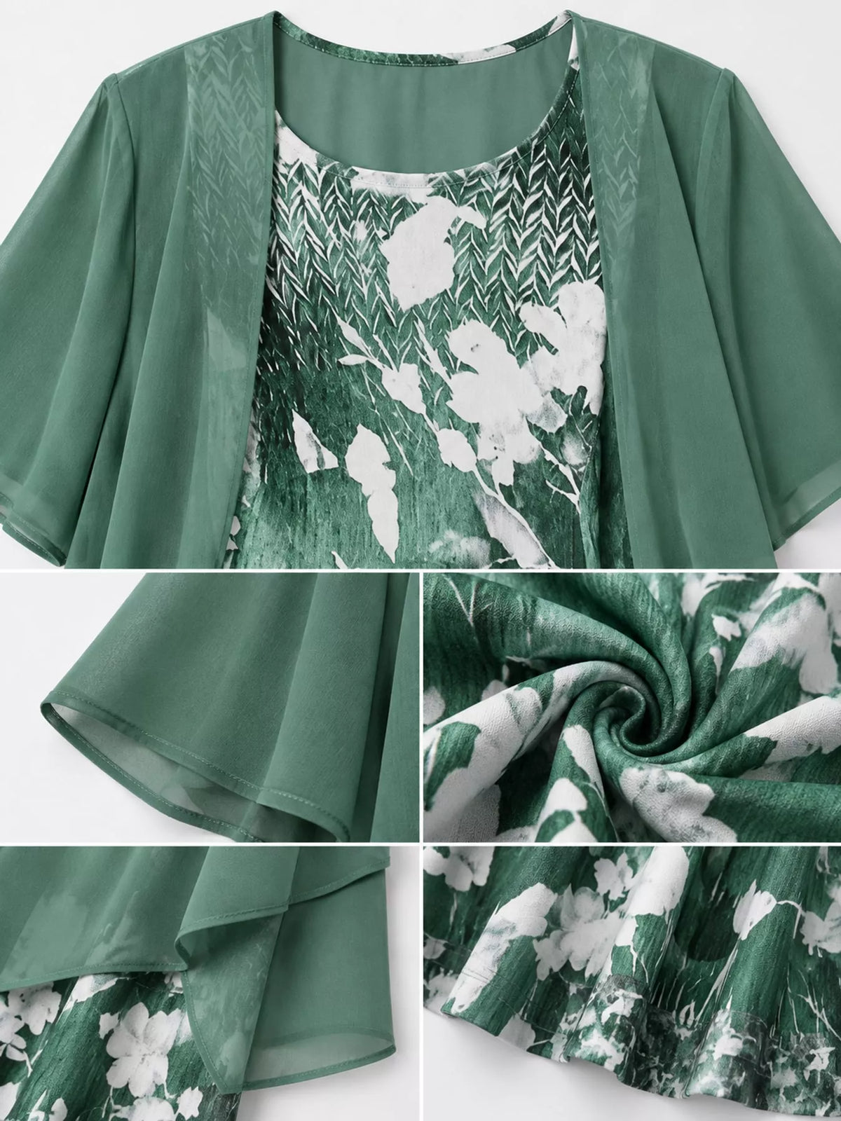 Floral dress and cardigan set, green neckline fabric and asymmetric hem details