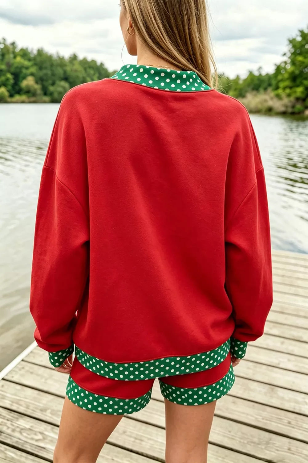 Trendsi Polka Dot Trim Sweatshirt and Shorts Set -