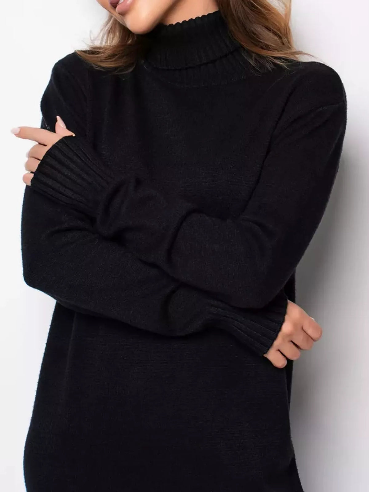Black turtleneck sweater dress, neckline and cuff detail