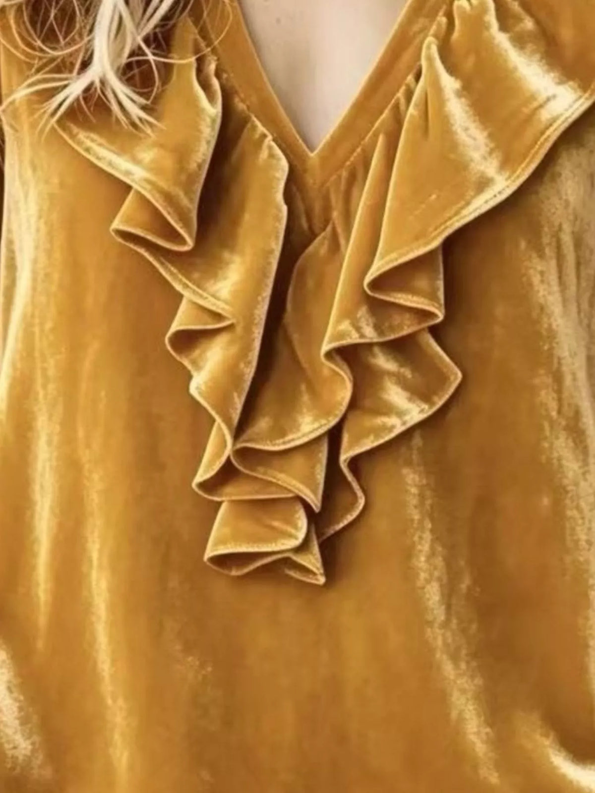 Camel Velvet Ruffled V-Neck Long Sleeve Blouse neckline detail