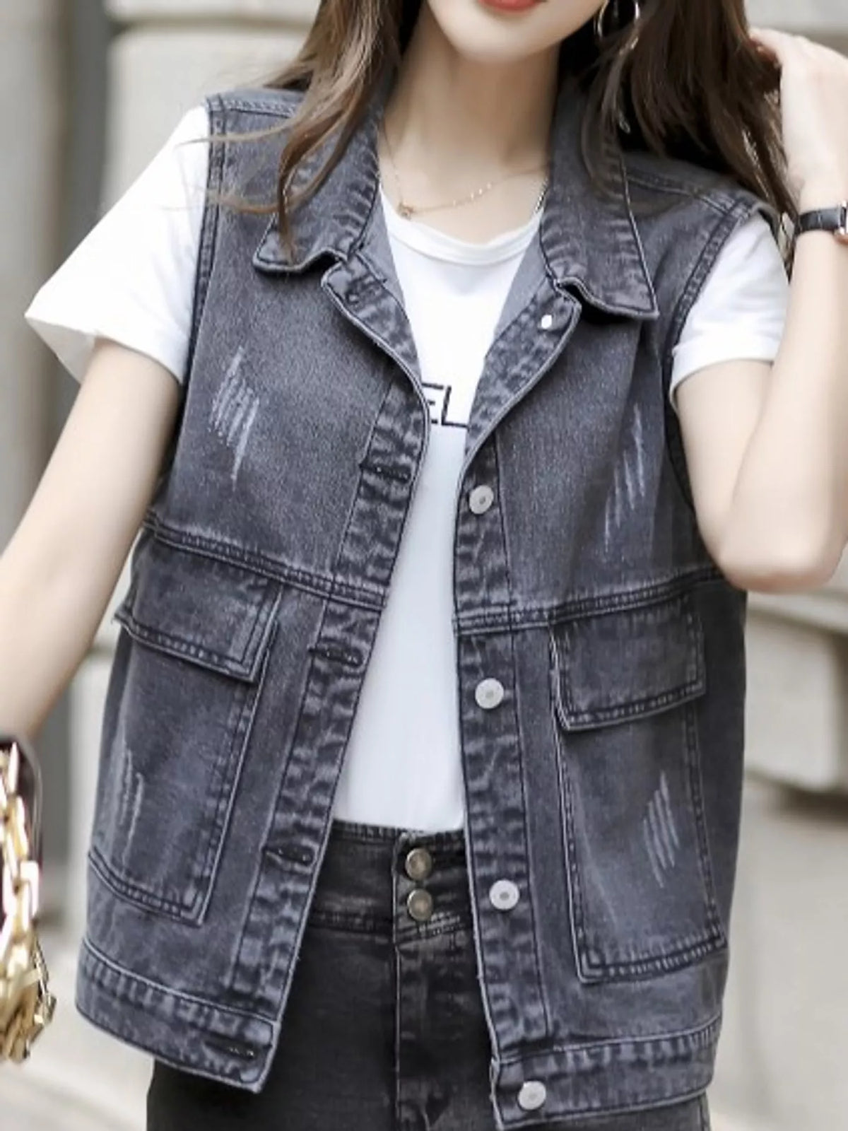 Distressed Washed Denim Vest in gray