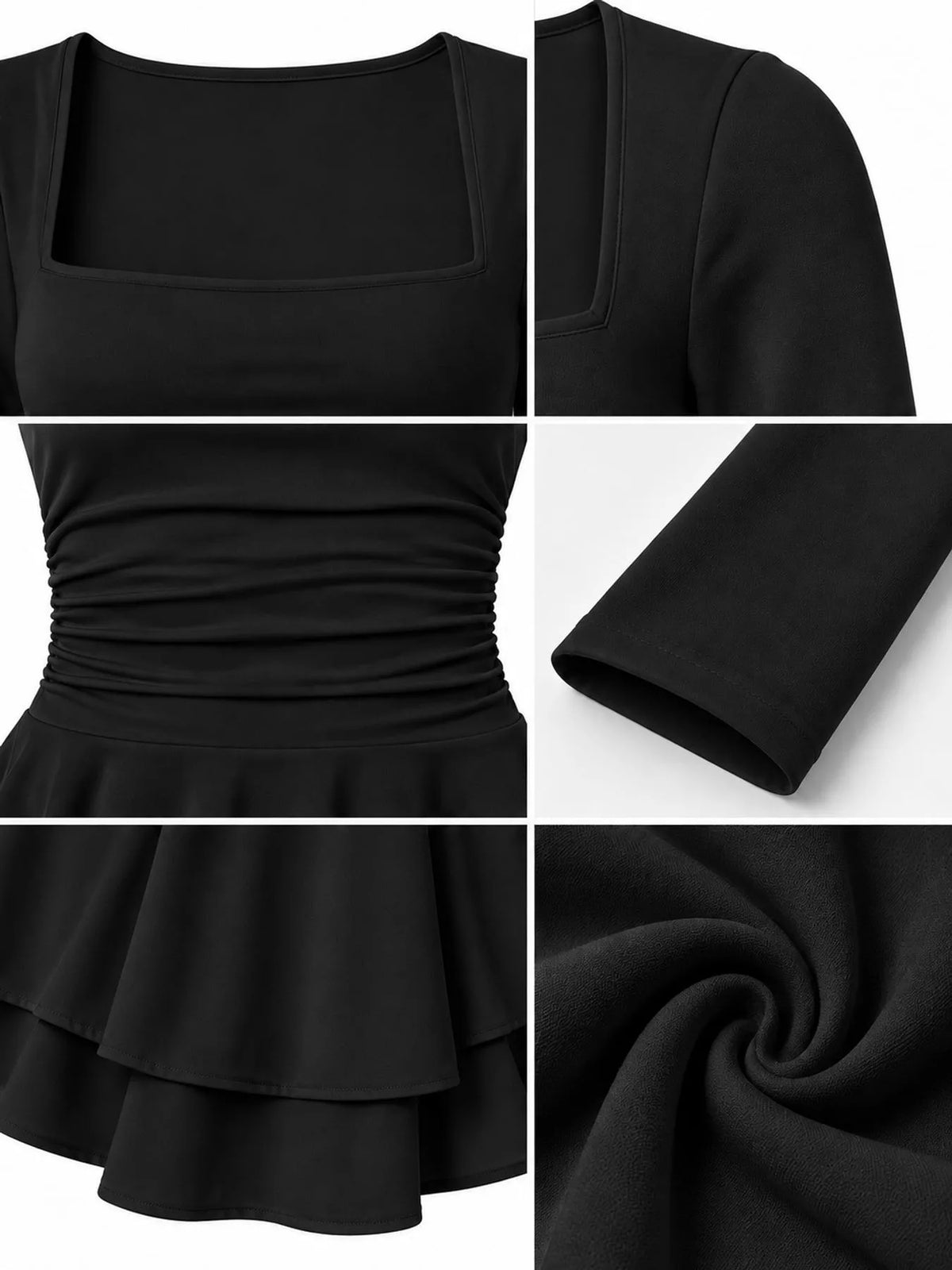 Square neck long sleeve mini dress, construction and design details