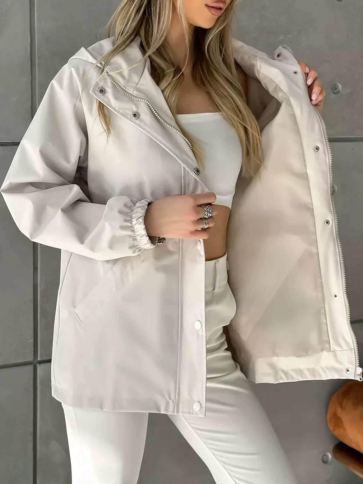 Apricot hooded drawstring waist windbreaker jacket