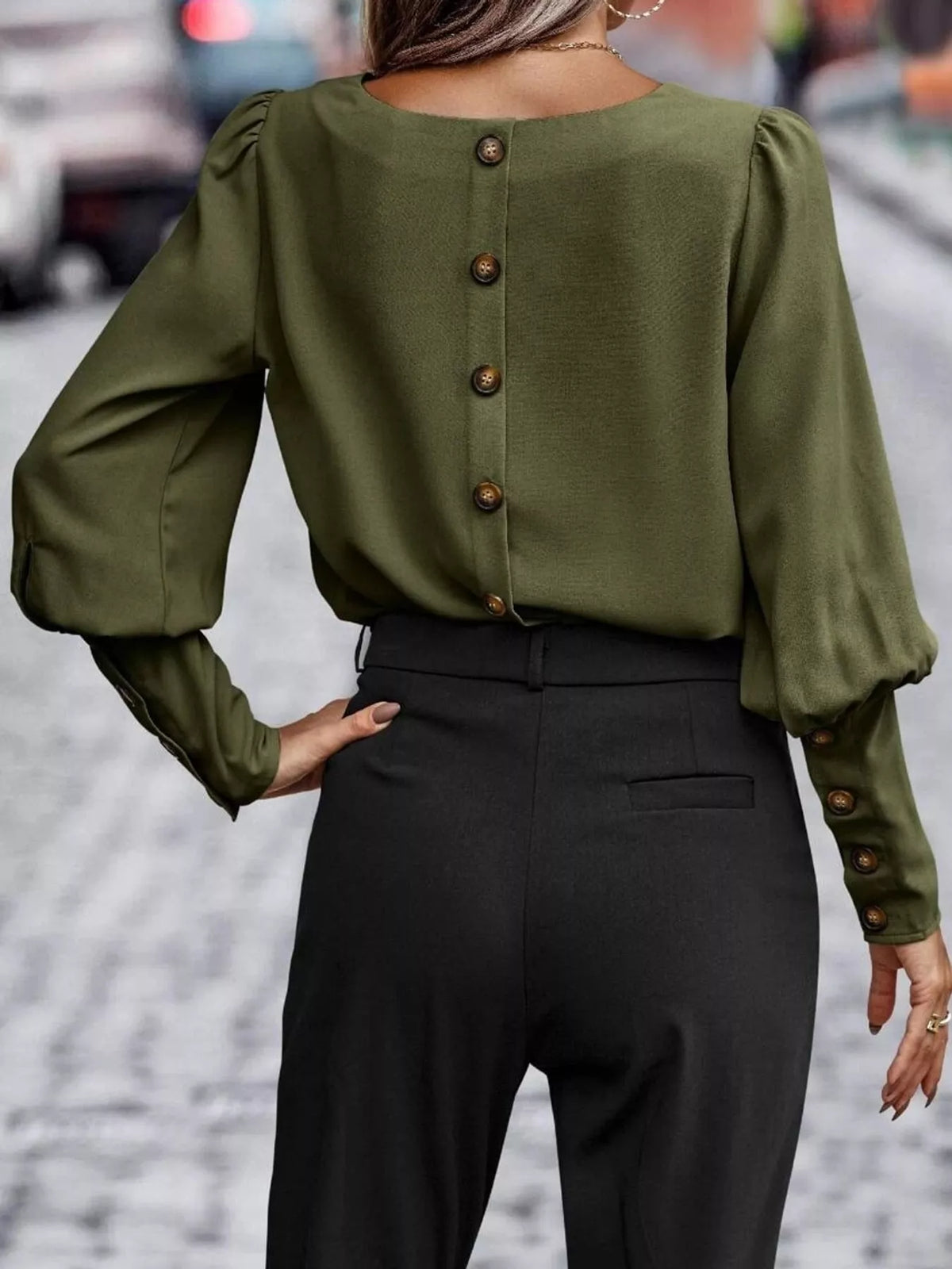 Decorative Button Lantern Sleeve Blouse — back view