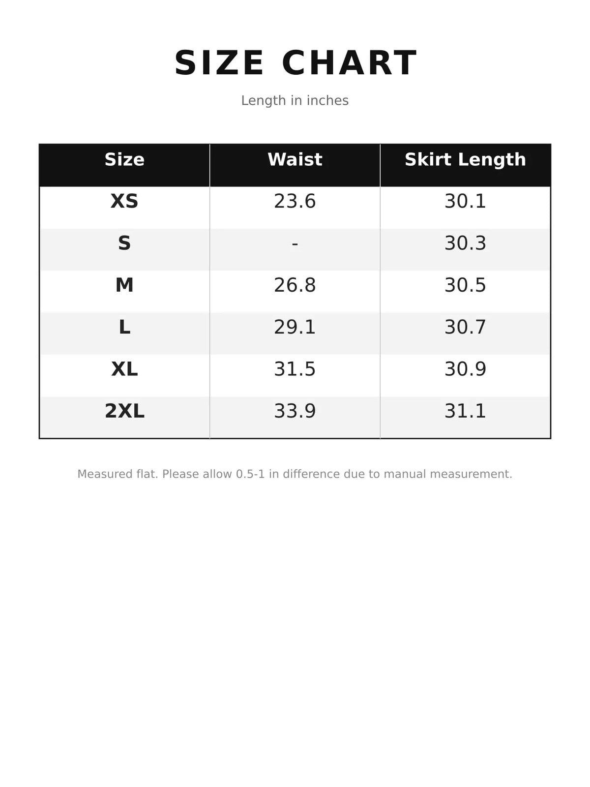 Size chart for ruched asymmetrical drawstring mini skirt