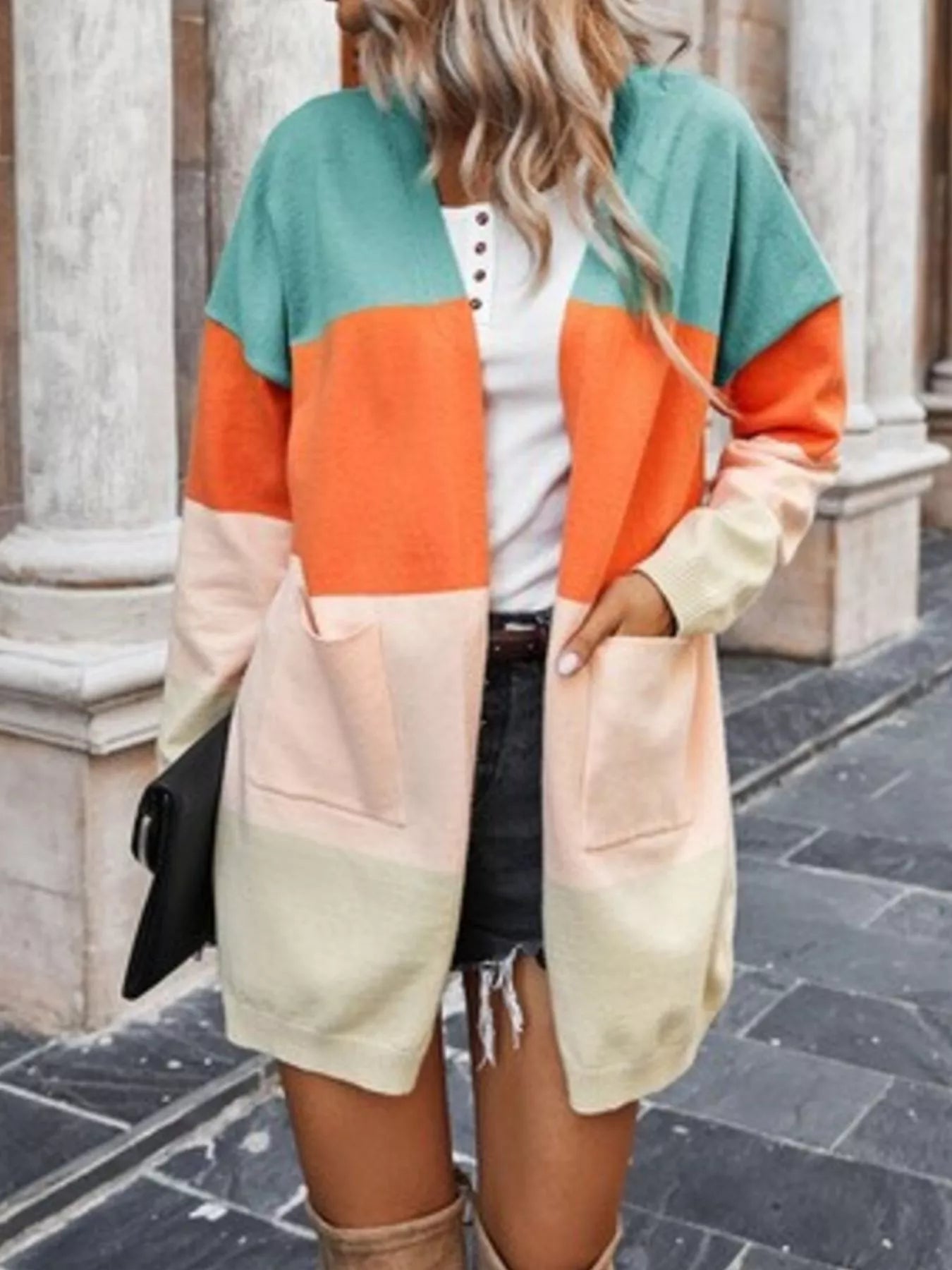 Trendsi Color-Block Open Front Knit Cardigan -
