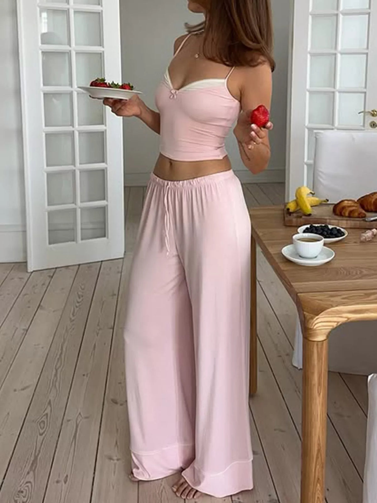 Pink crop cami and wide-leg pants lounge set, back view