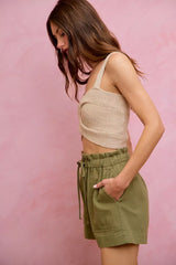 Trendsi SO ME Paper Bag Patch Pocket Drawstring Twill Shorts -