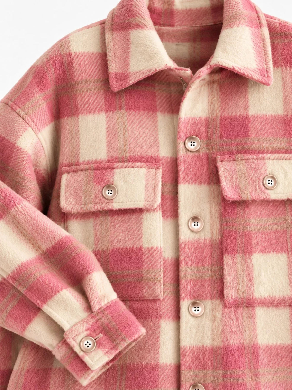 Pink and cream plaid button down jacket, detail view