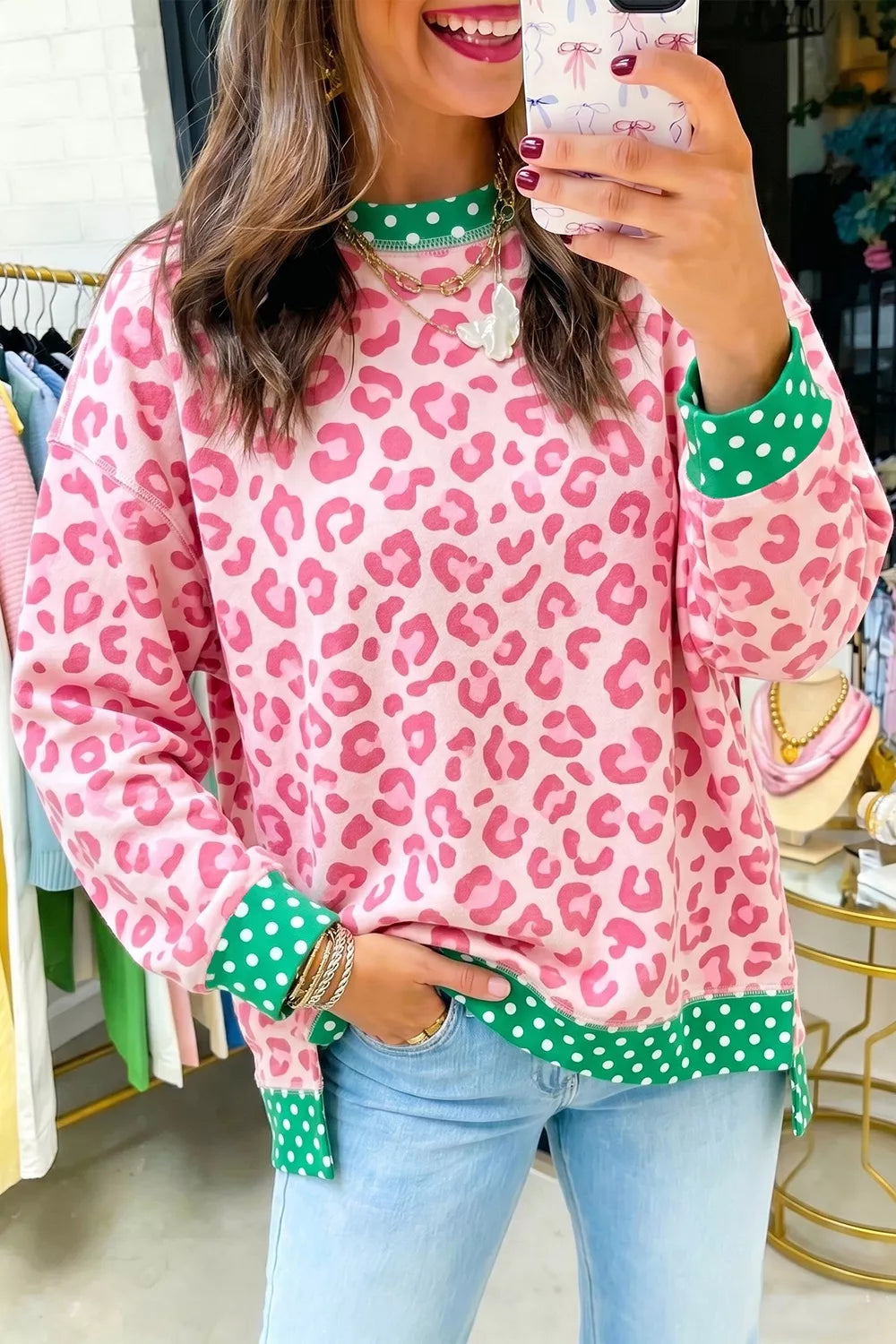 Trendsi Leopard Polka Dot Trim Round Neck Sweatshirt -