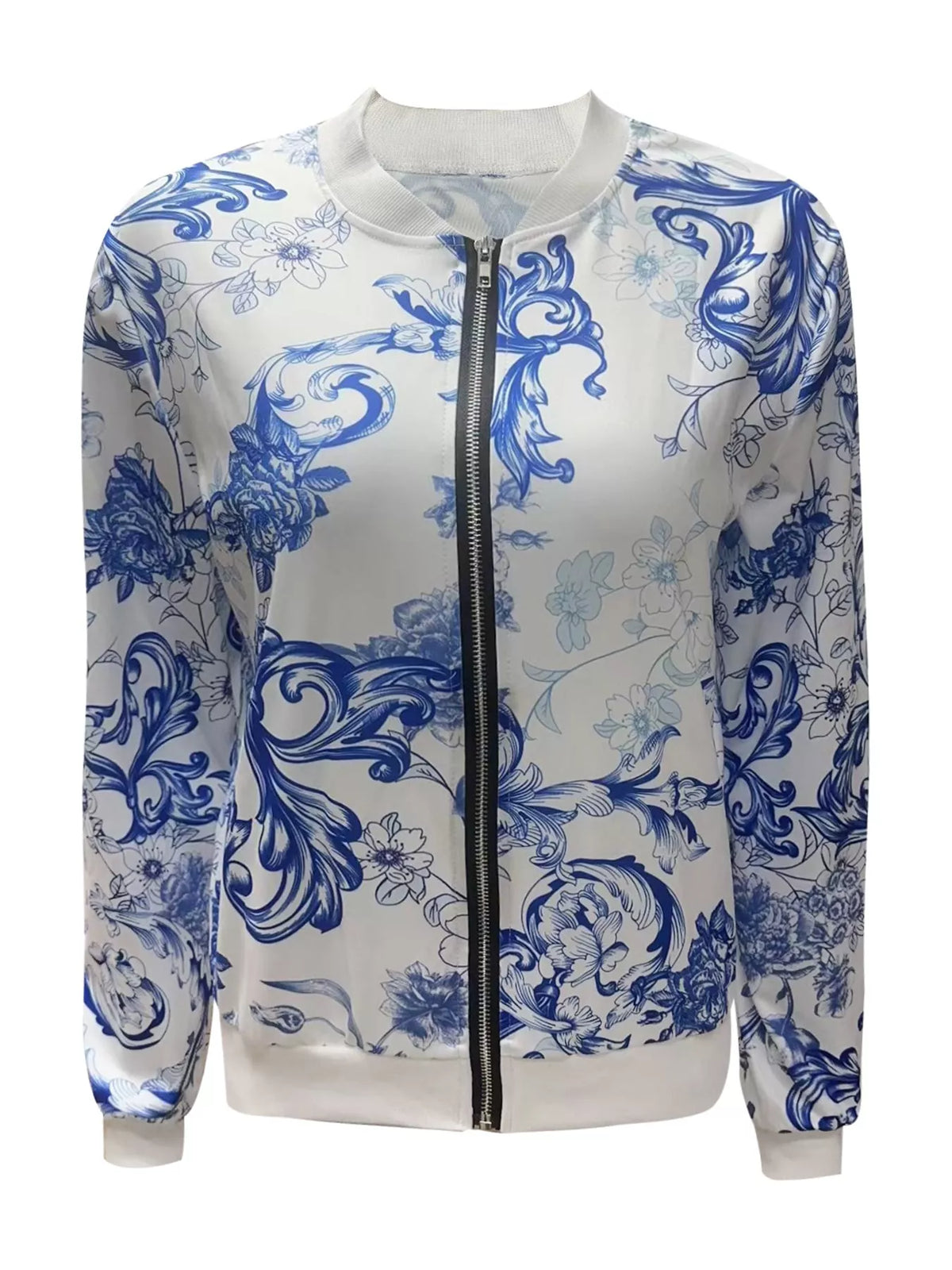 Blue and white scroll printed zip-up bomber jacket — front view