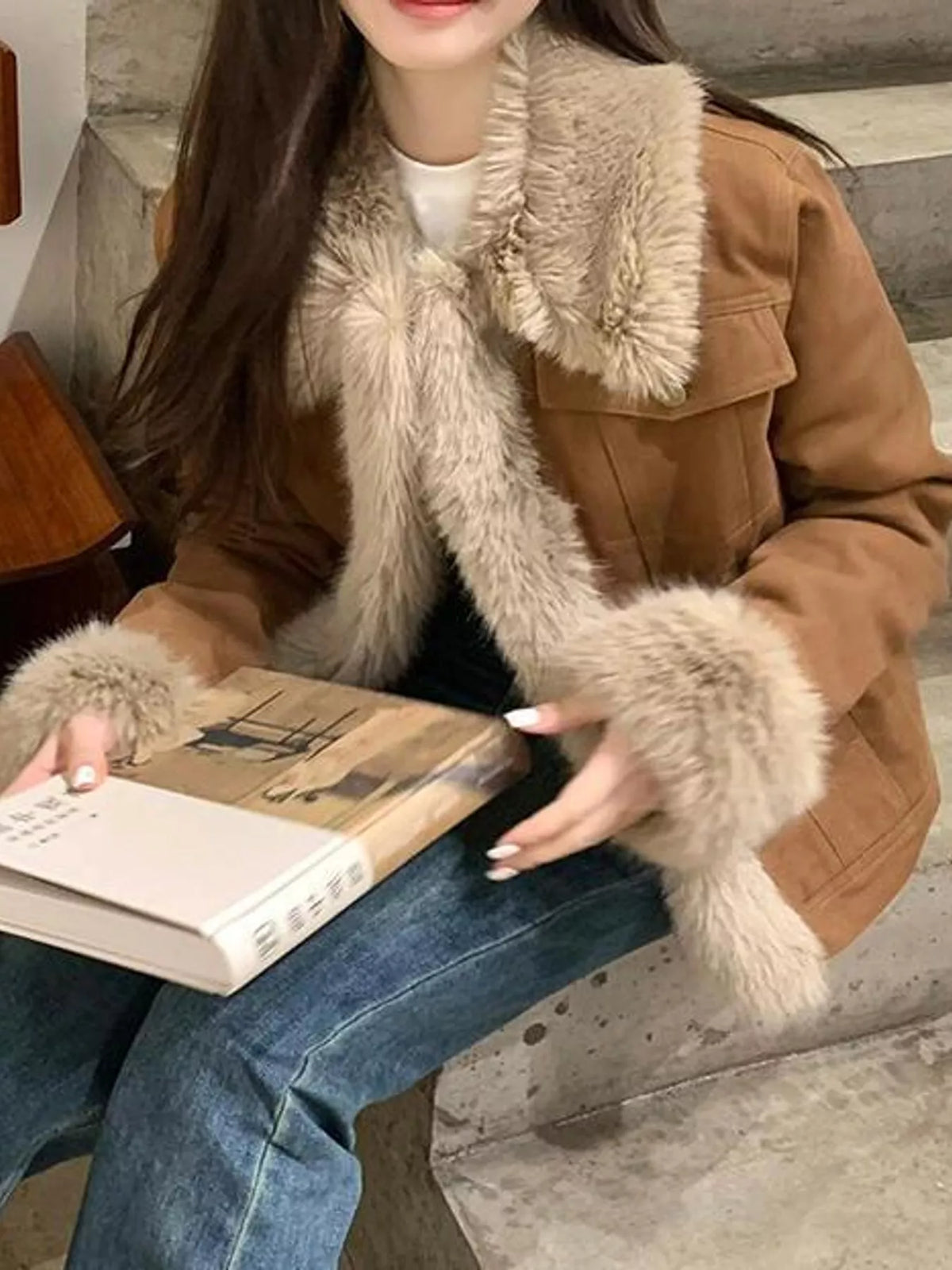 Brown-Thickened Cotton-Padded Lining detachable faux fur collar and cuffs jacket