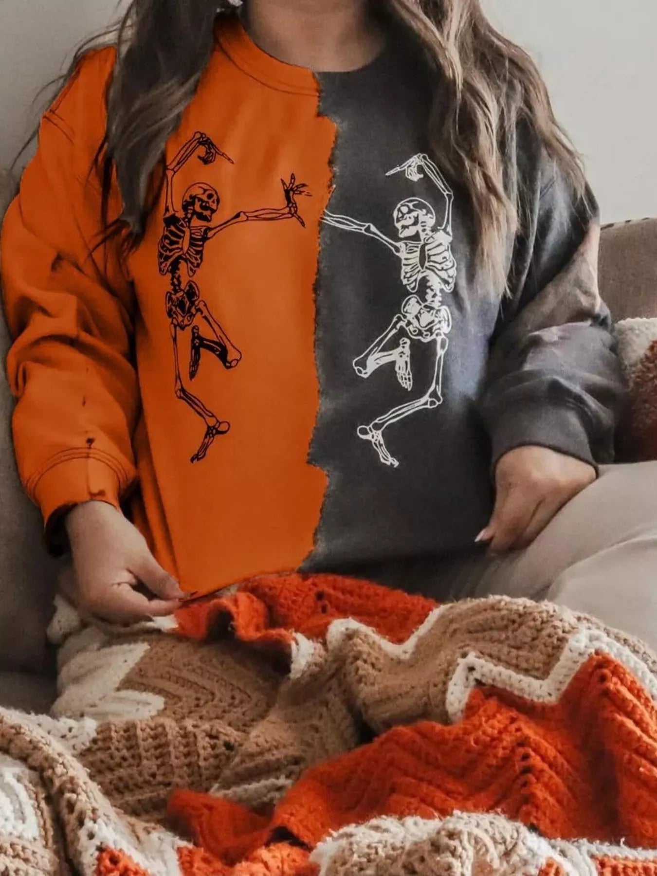 Trendsi Halloween Skeleton Print Color Block Sweatshirt -
