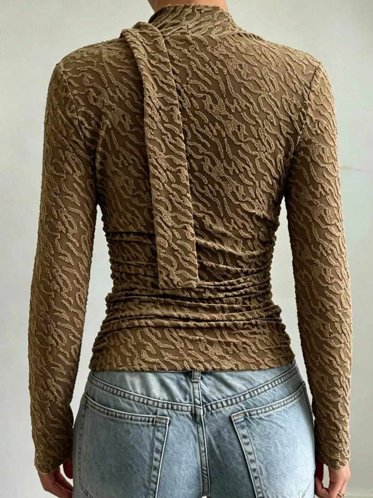 Women's Textured Cowl Neck Long Sleeve Blouse with Scarf Detail in brown — back view