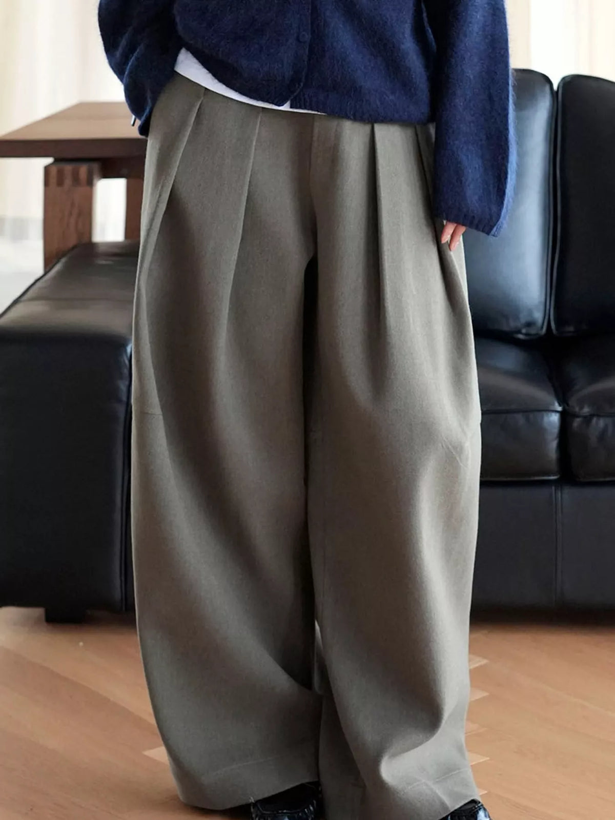 Pleated Wide-Leg Pants in gray-green, front view