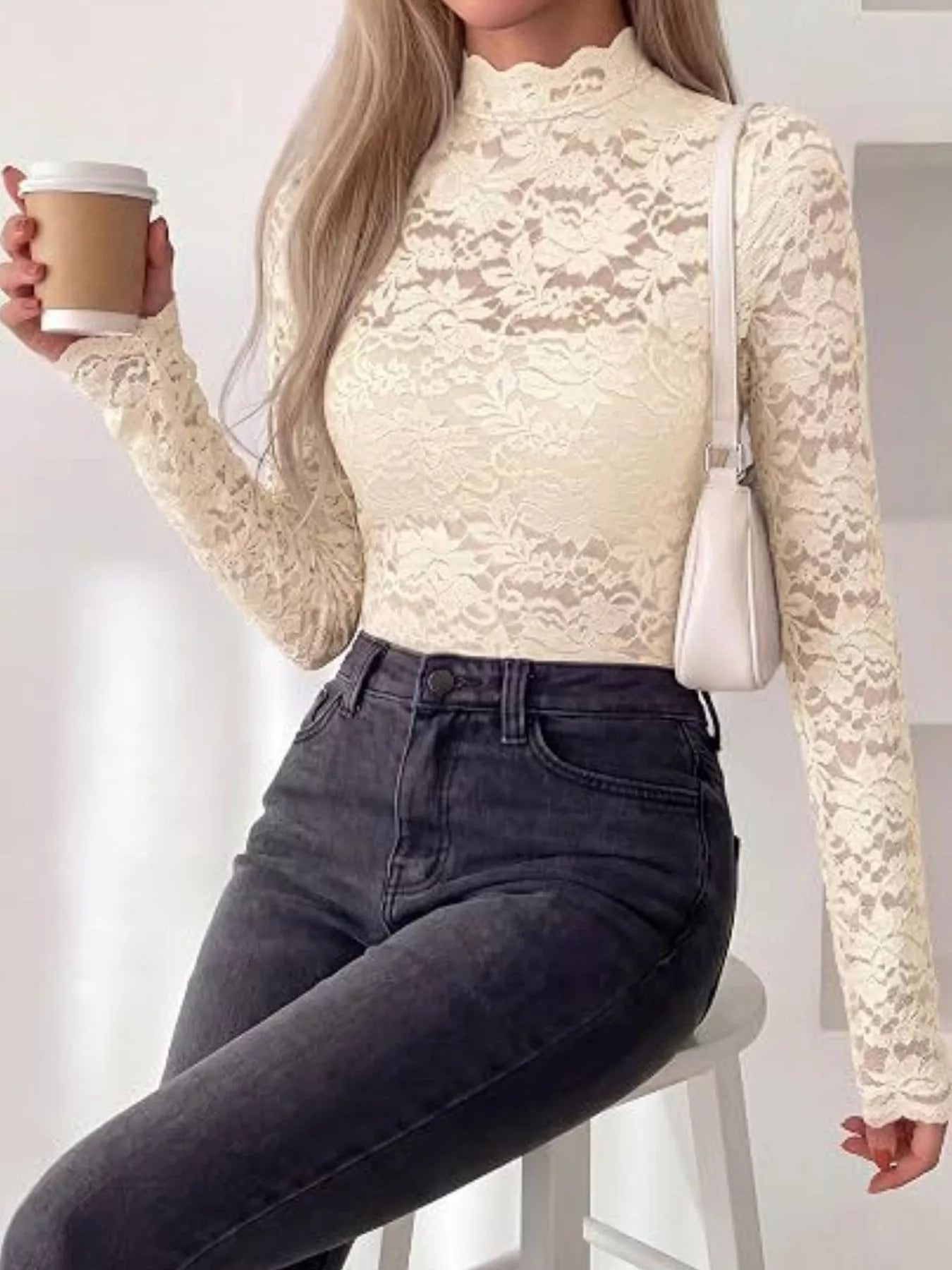 Trendsi Lace Mock Neck Long Sleeve Top -