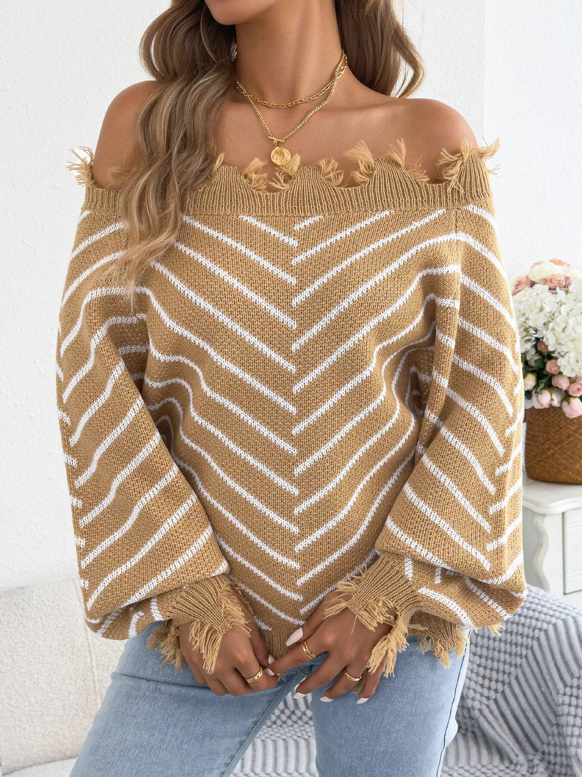 Khaki off-shoulder distressed striped sweater