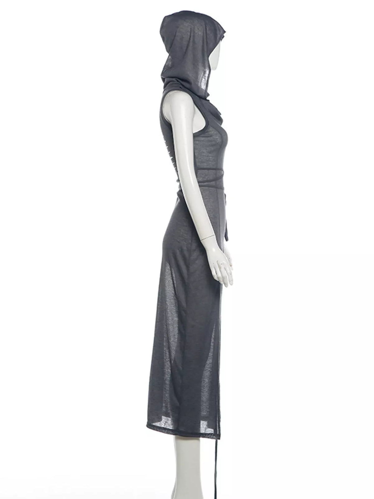 Gray sleeveless high slit hooded maxi dress, side view