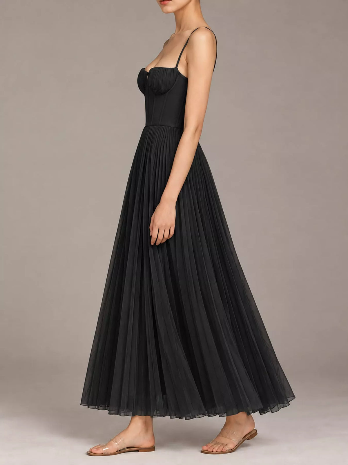 Black pleated sweetheart neck midi dress — side view
