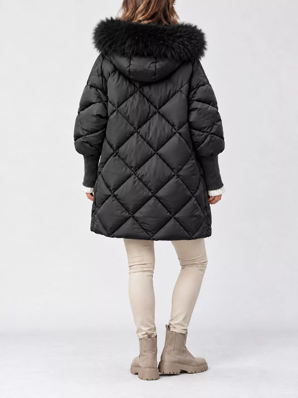 Quilted Faux Fur Hood Puffer Jacket — back view