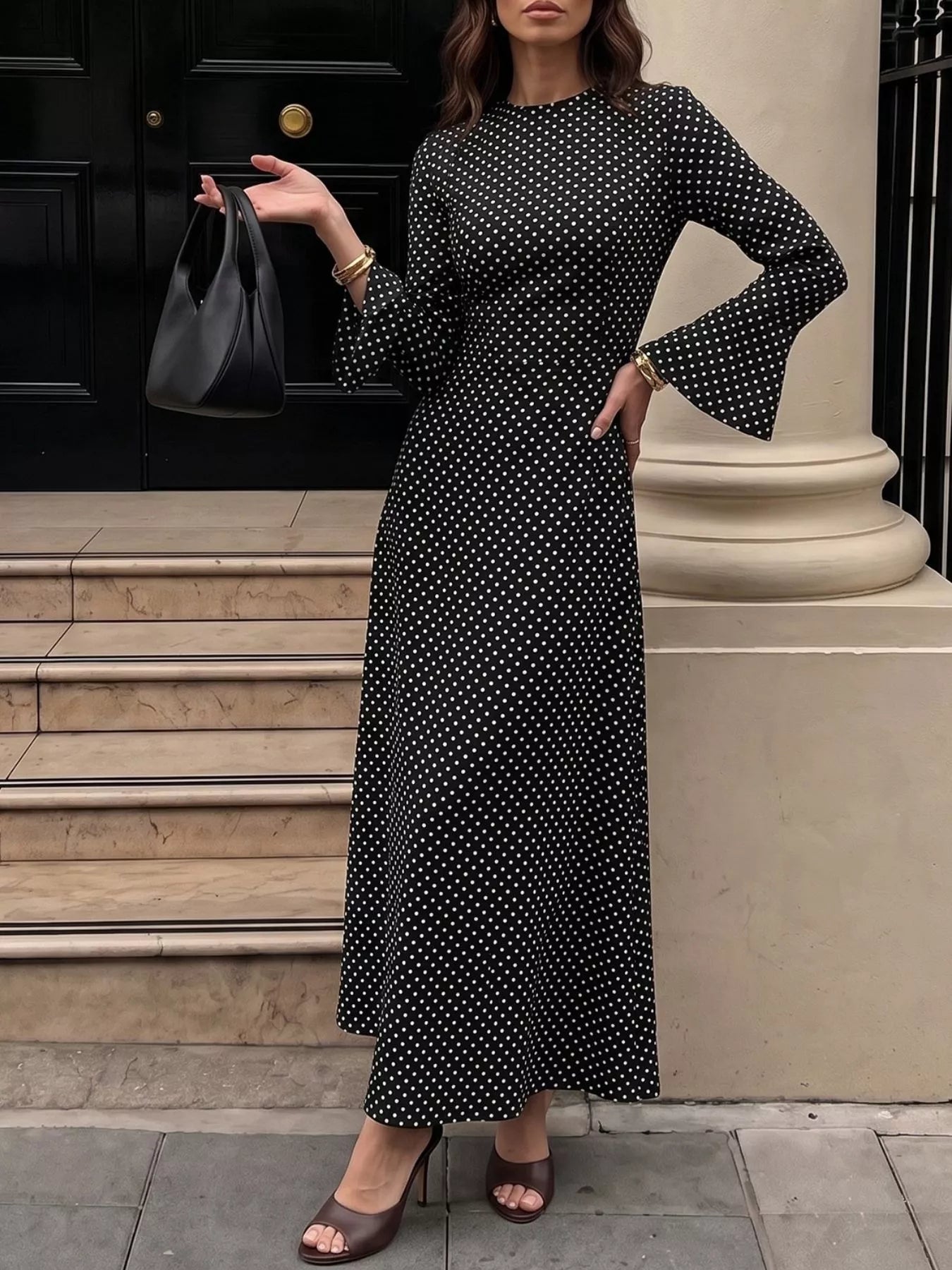 Trendsi Polka Dot Flare Sleeve Maxi Dress -