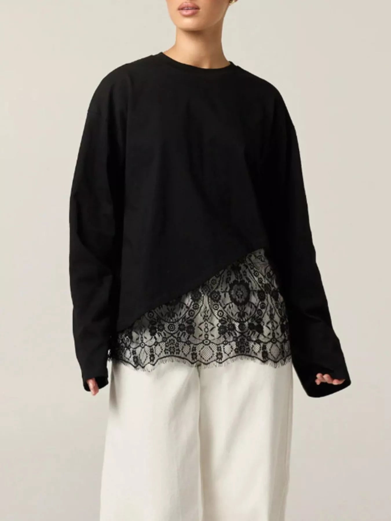 Trendsi Long-Sleeve T-Shirt with Asymmetric Lace Hem -
