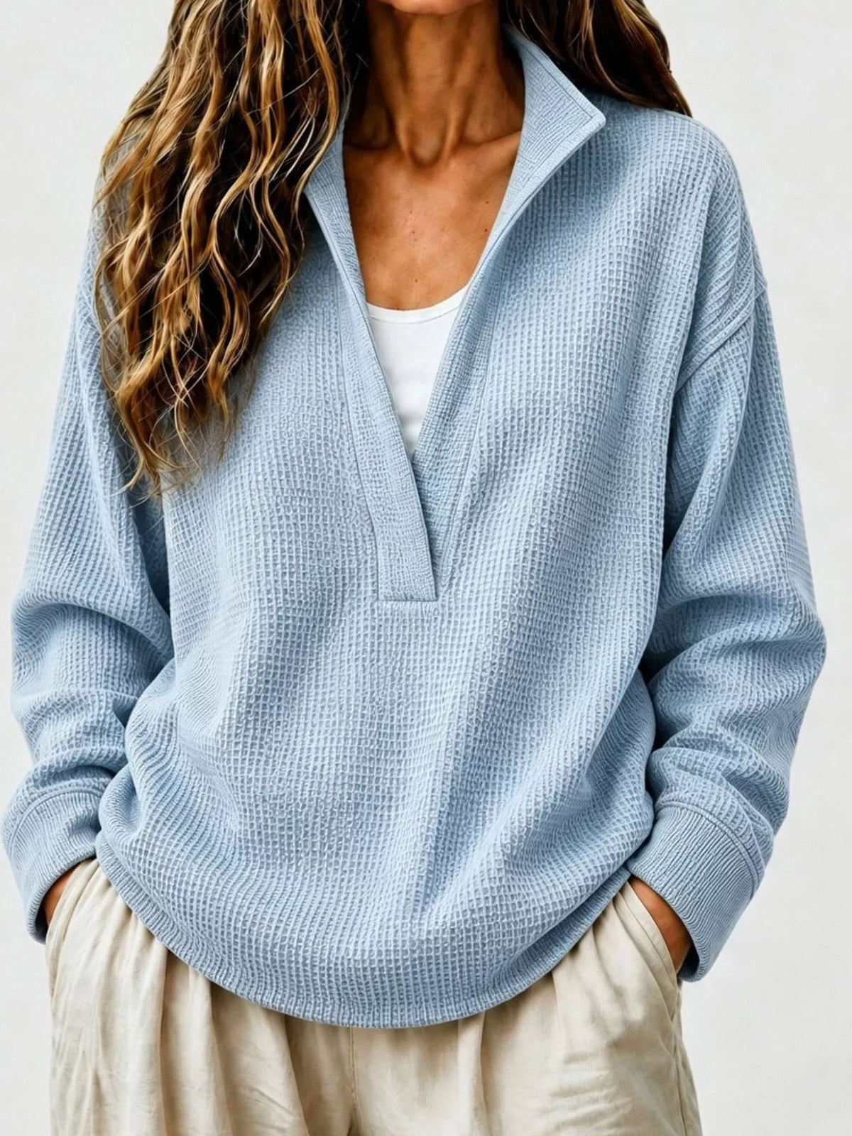 Light Blue Waffle Knit Dropped Shoulder Sweatshirt front view
