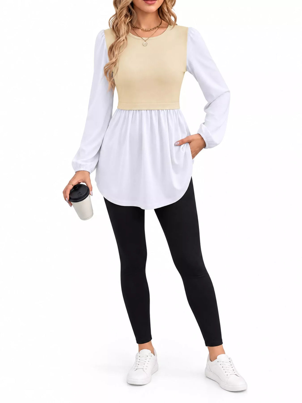 Contrast Panel Long Sleeve Tunic Blouse — front view