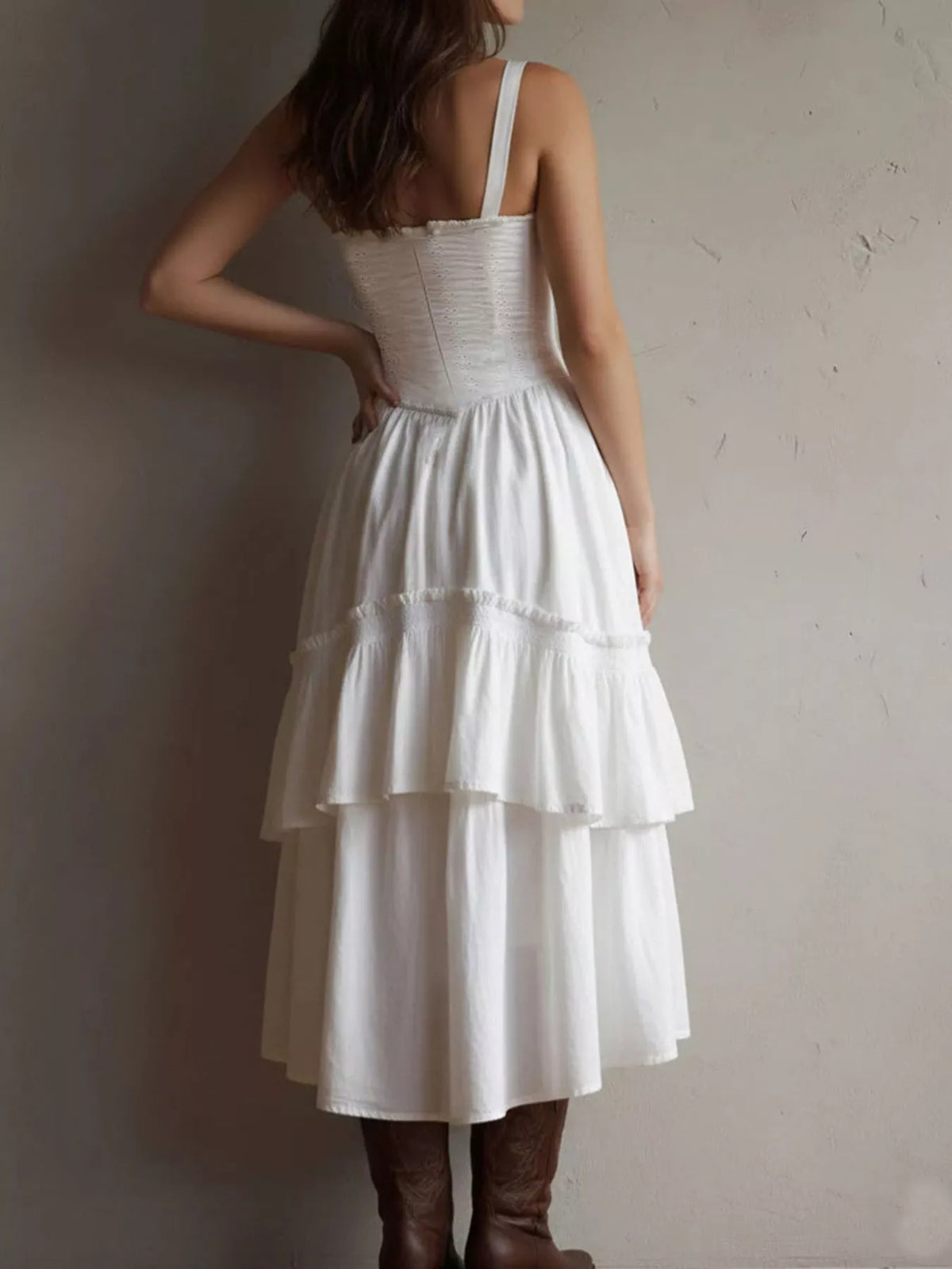 Layered Ruffle Midi Dress, back view in white