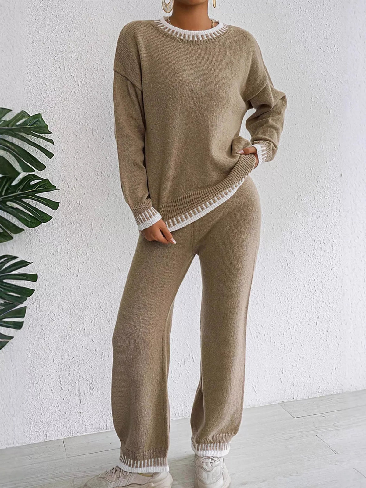 Taupe Contrast Trim Crew Neck Sweater and Pants Set front view