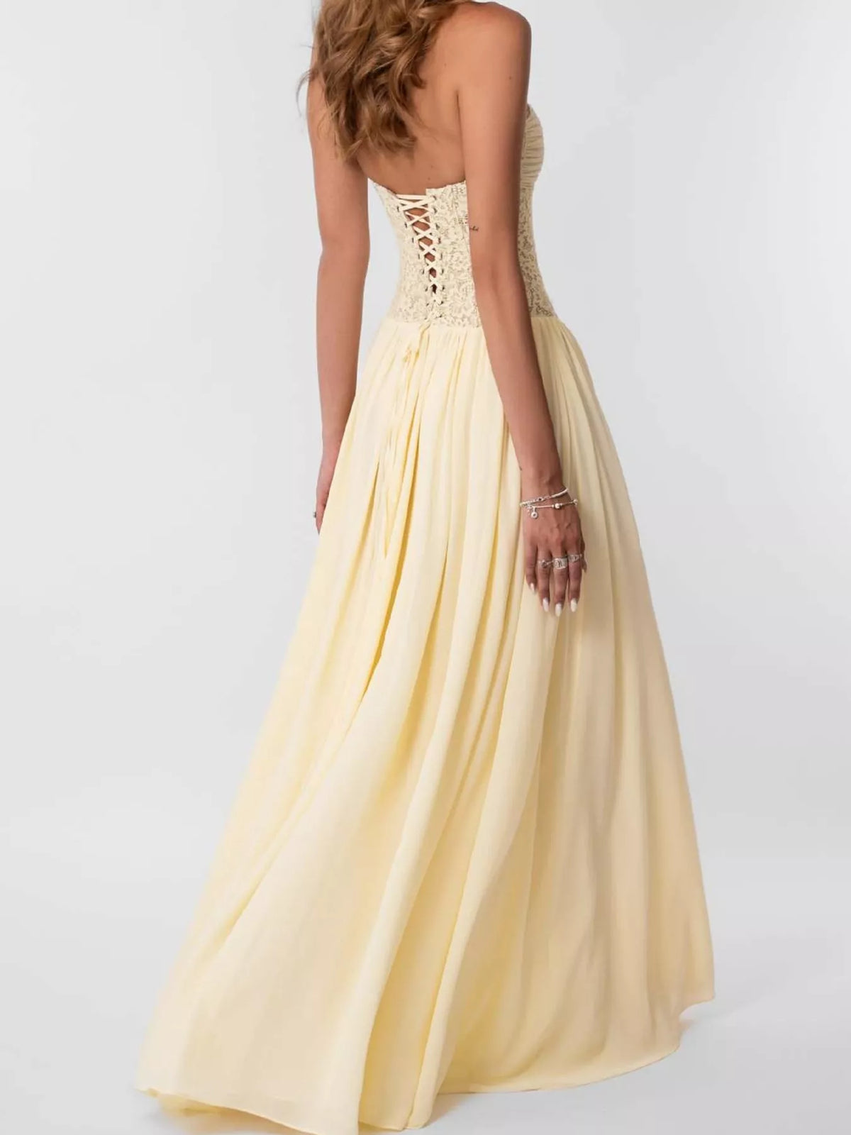 Yellow lace corset halter neck maxi dress — side view