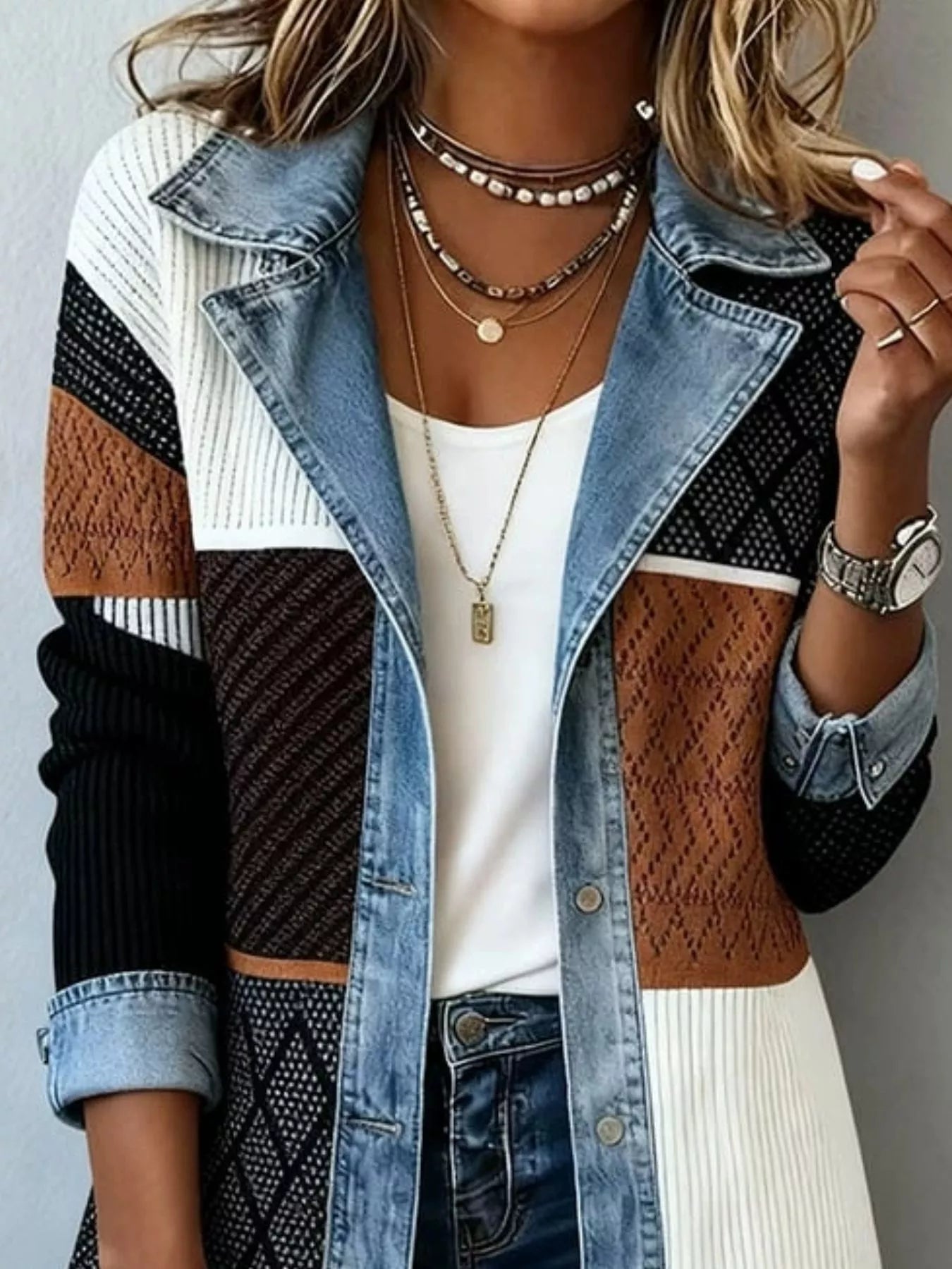 Trendsi Full Size Denim Trim Ribbed Knit Jacket Plus Size -