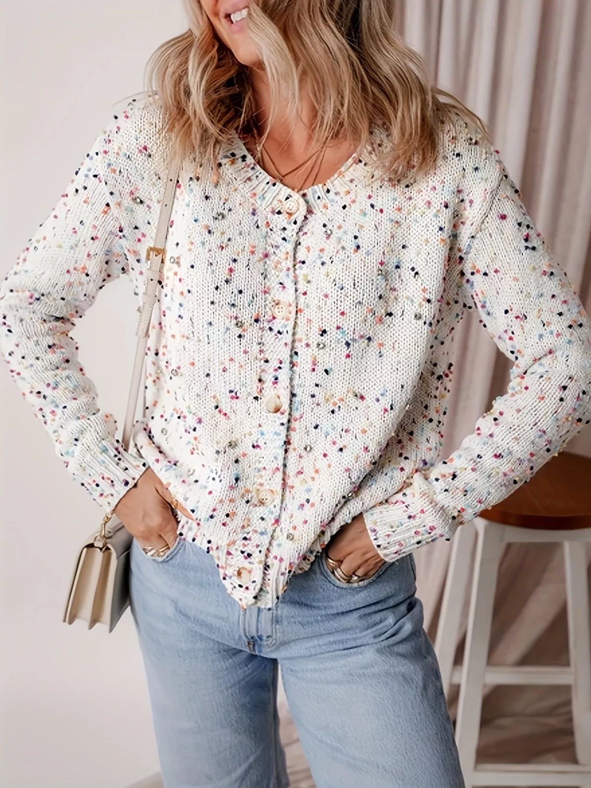 Textured Knit Button-Up Cardigan in white with multicolor flecks, front view