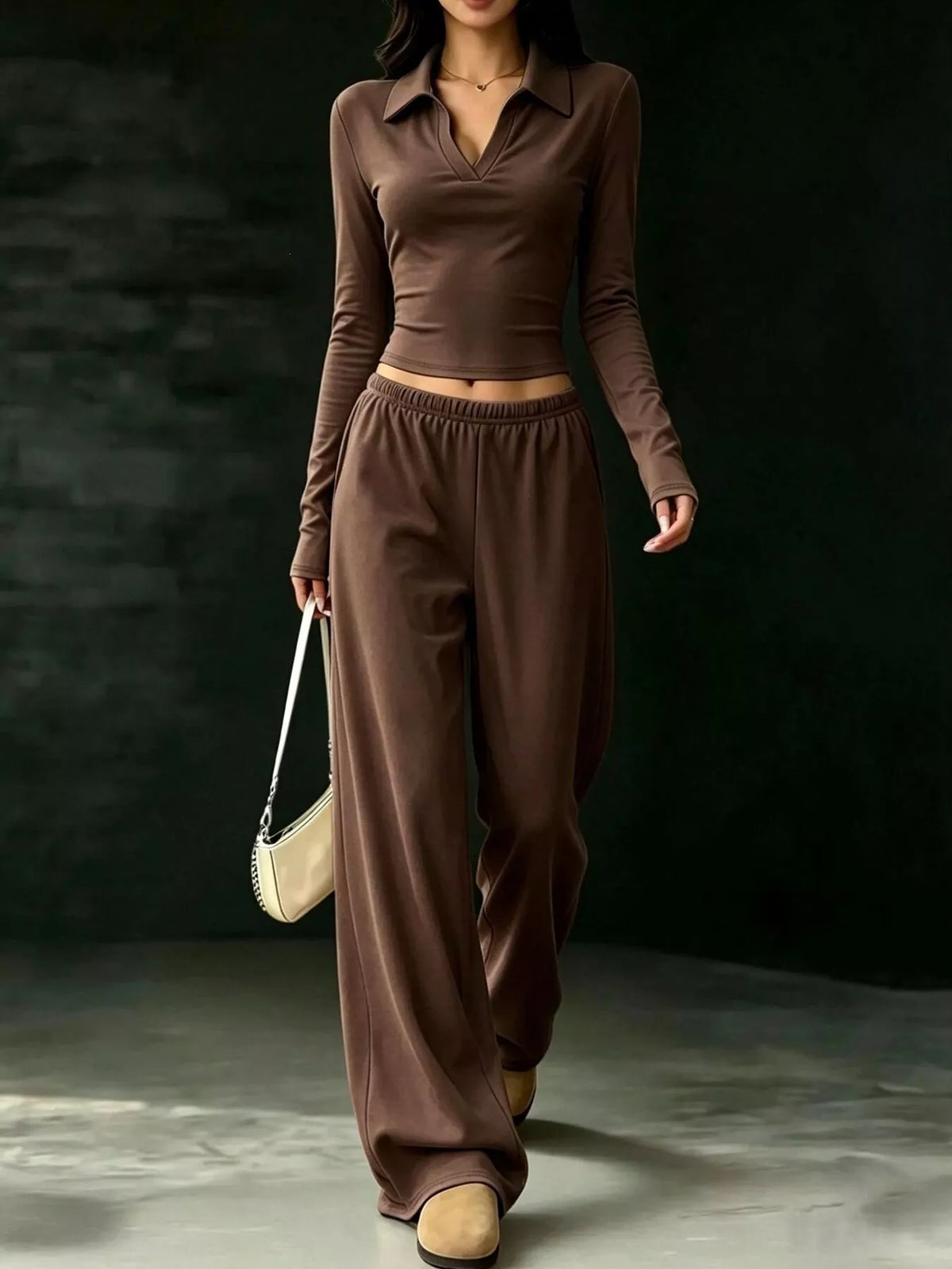 Brown collared crop top and wide-leg pants set, front walking view