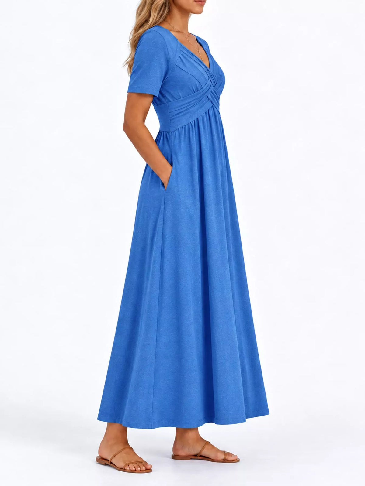 Blue crisscross short sleeve midi dress, side view