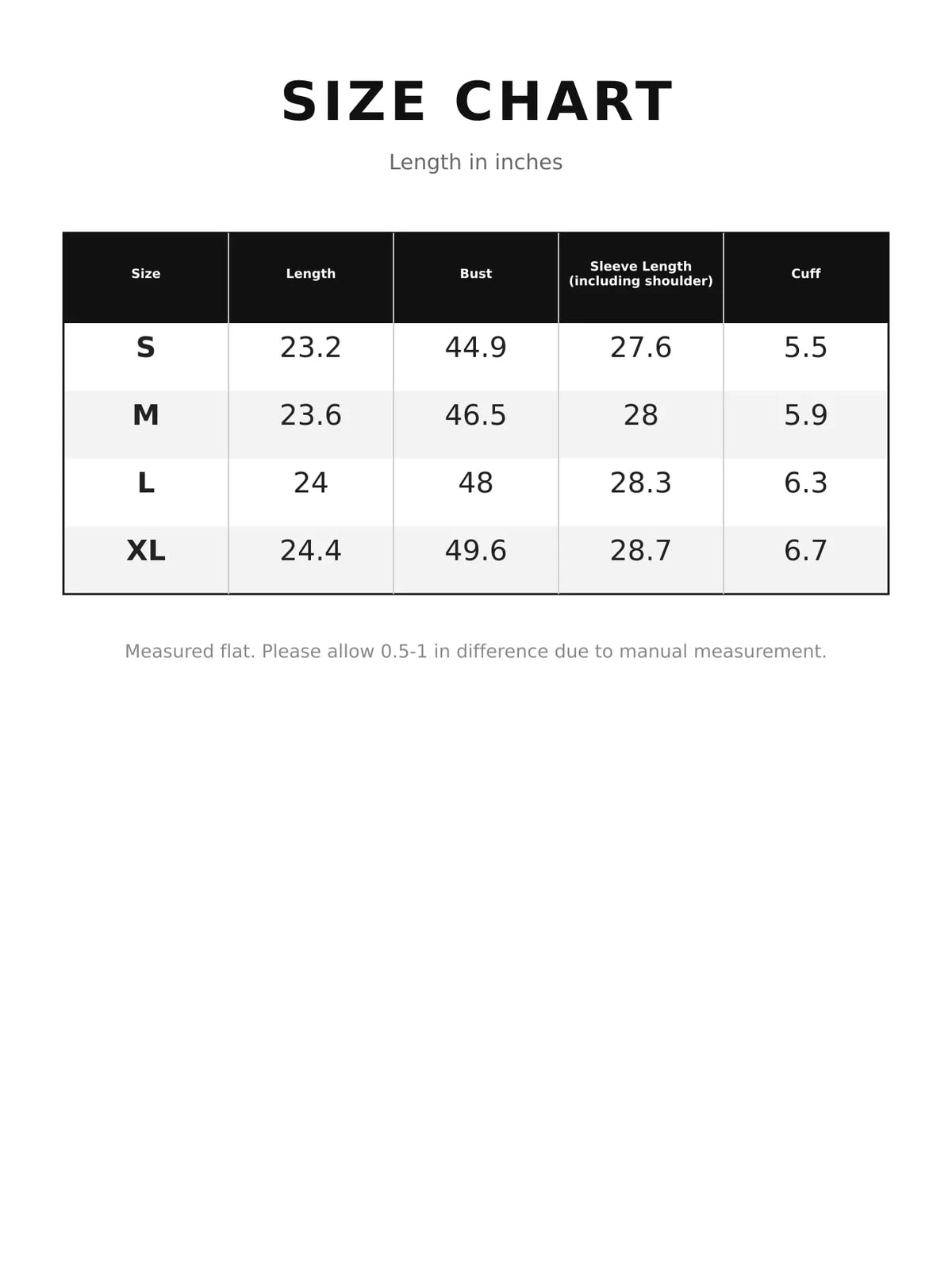 Size chart for button up dropped shoulder jacket
