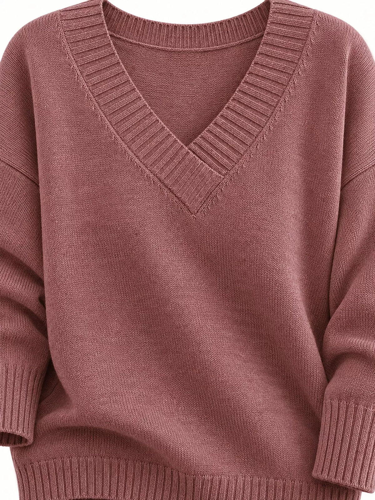 V-neck sweater, mauve knit detail
