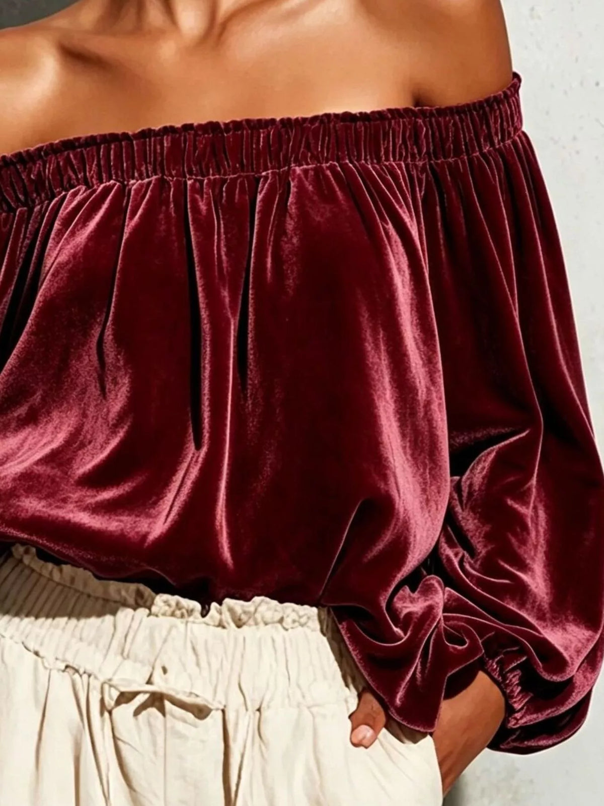 Trendsi Off-Shoulder Velvet Long Sleeve T-Shirt -