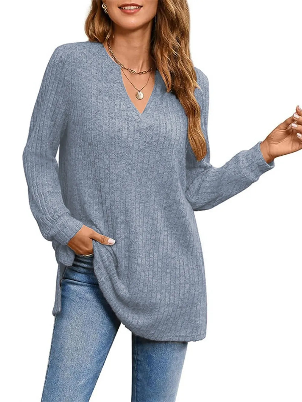 Trendsi Ribbed Notched Long Sleeve T-Shirt -