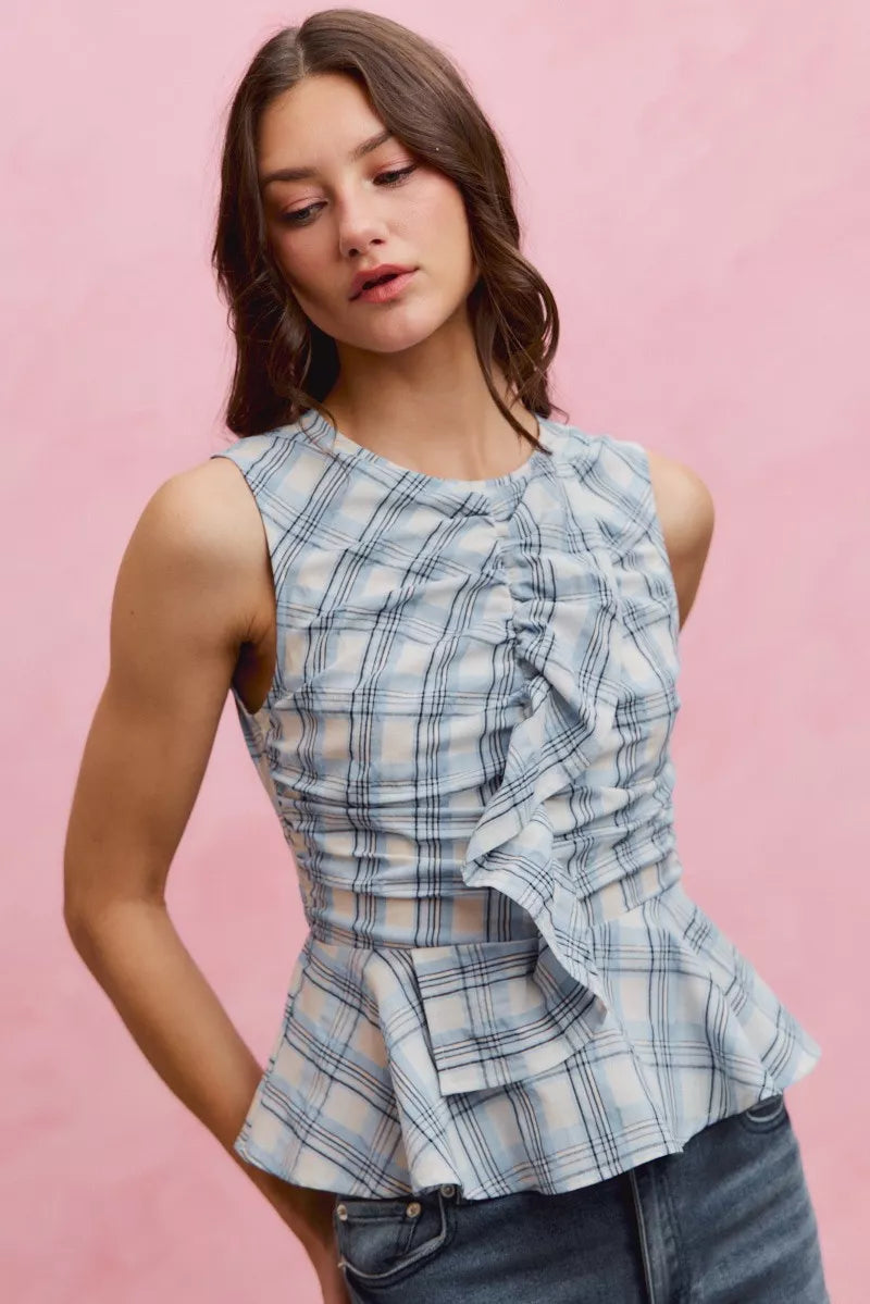 Women's Plaid Sleeveless Ruffle Peplum Top Blue And White Cotton — product view 1