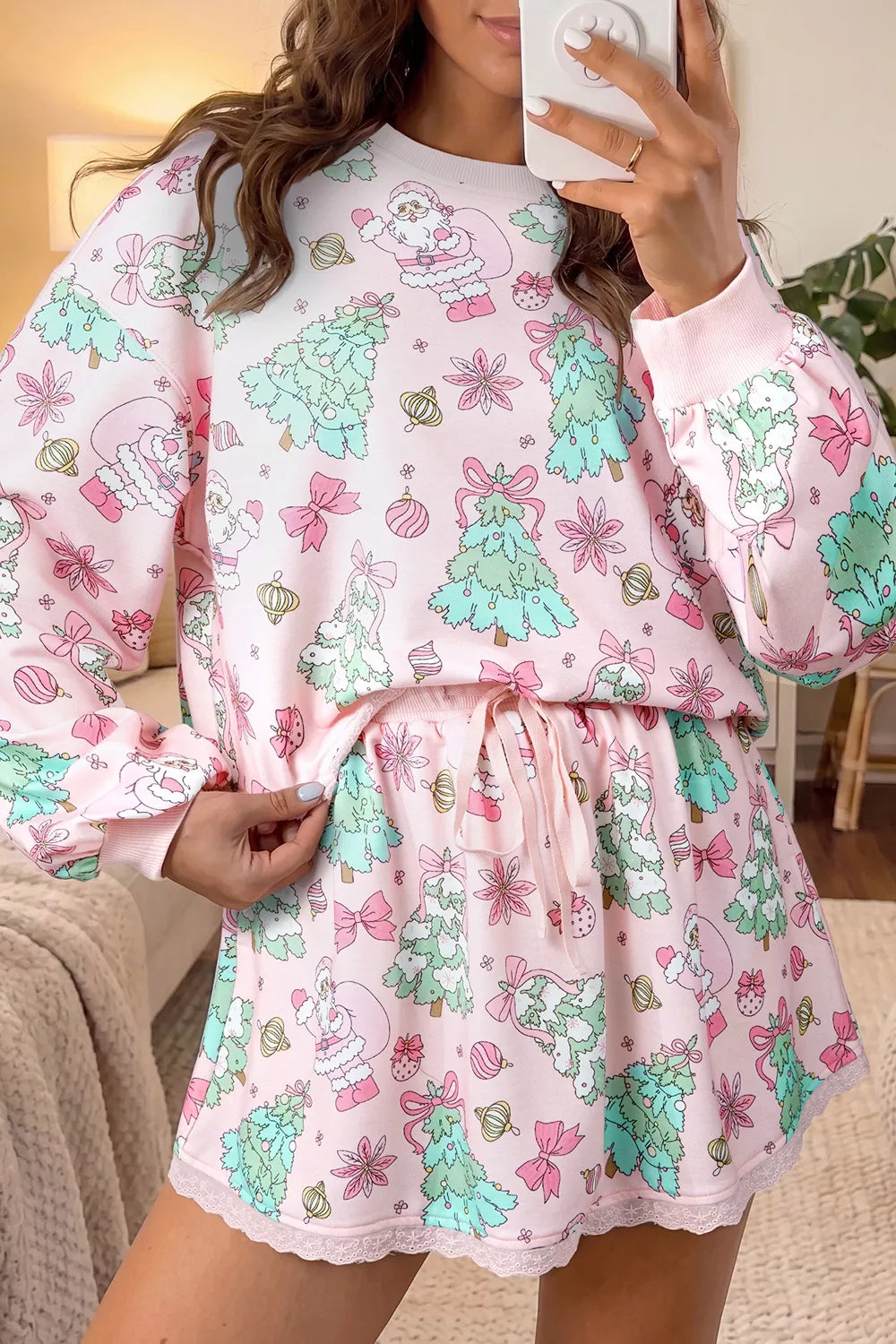 Trendsi Floral Print Lace Trim Long Sleeve Top and Skirt Set -