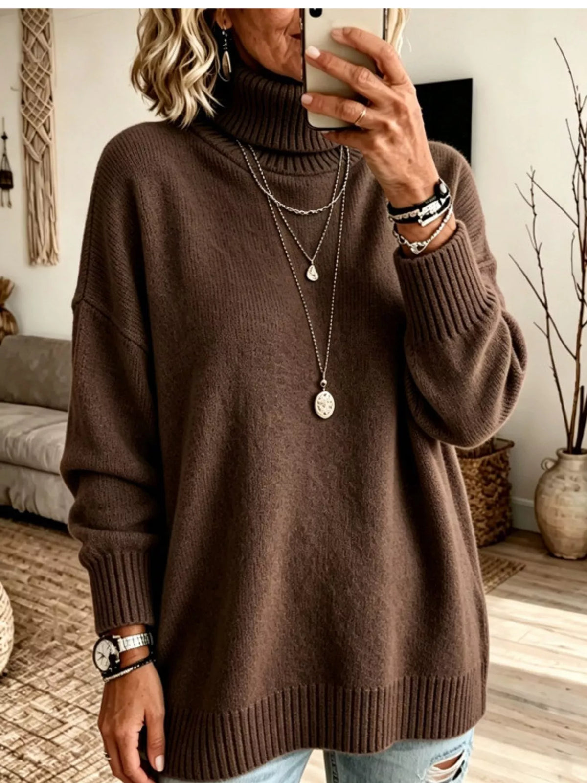 Oversized Turtleneck Pullover Sweater — front view